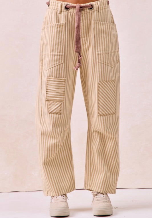 Tan Striped Barrel Pants